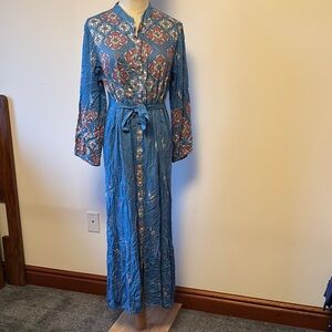 S.L. Fashions Blue Orange Long Sleeve Mandarin Collar Dress